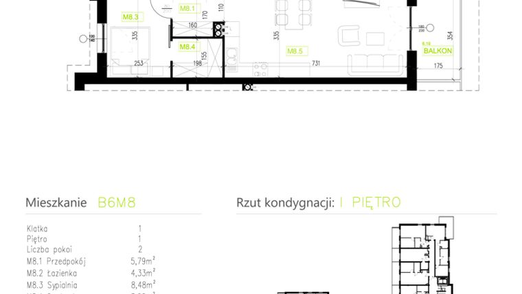 Rzut - Mieszkanie na sprzedaż 2 pokoje o powierzchni 46,15 m² - numer B6M8 w Osiedle Natura Park etap II