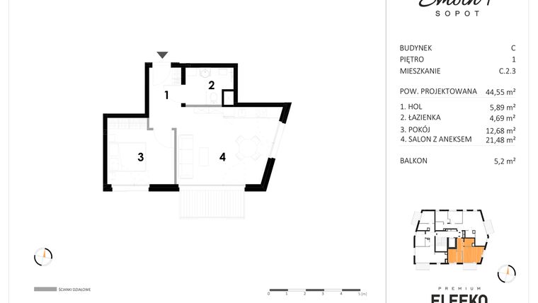 Rzut - Mieszkanie na sprzedaż 2 pokoje o powierzchni 44,55 m² - numer C.2.3 w Smolna 4