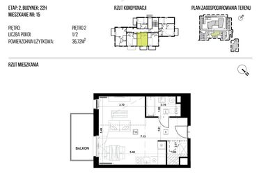 Rzut - Mieszkanie na sprzedaż 1 pokój o powierzchni 36,64 m² - numer 22H/15 w NATURAMA II