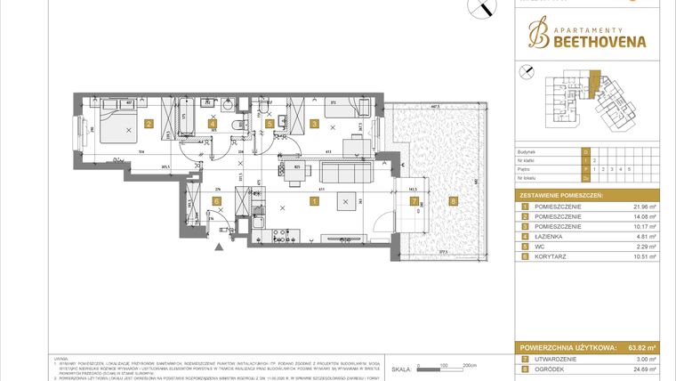 Rzut - Mieszkanie na sprzedaż 1 pokój o powierzchni 63,82 m² - numer D2 w Apartamenty Beethovena etap 2 - apartamenty inwestycyjne