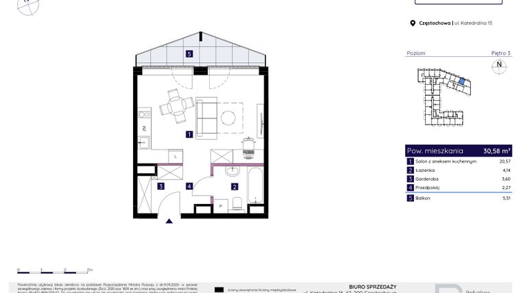 Rzut - Mieszkanie na sprzedaż 1 pokój o powierzchni 30,64 m² - numer 19 w Osiedle Neonowe