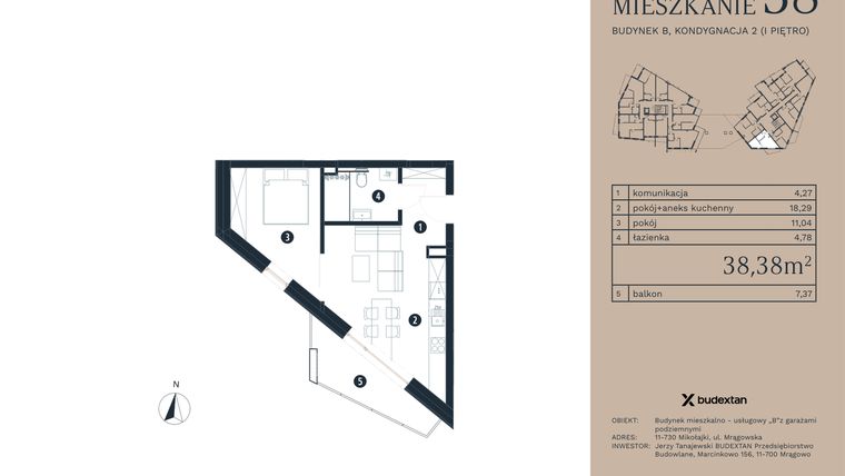 Rzut - Mieszkanie na sprzedaż 2 pokoje o powierzchni 38,38 m² - numer M38 w Pratum Apartamenty Etap I