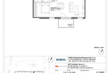 Rzut - Mieszkanie na sprzedaż 1 pokój o powierzchni 42,88 m² - numer E.3M20 w Nowa Wałowa bud. E