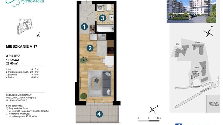 Rzut - Mieszkanie na sprzedaż 1 pokój o powierzchni 28,6 m² - numer A.17 w Kapelanka-Pychowicka Etap III