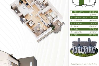 Rzut - Mieszkanie na sprzedaż 4 pokoje o powierzchni 69,63 m² - numer 19A.M2 w Osiedle Leśny Zakątek