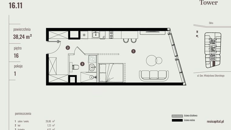 Rzut - Mieszkanie na sprzedaż 1 pokój o powierzchni 38,39 m² - numer 16.11 w Quorum Tower