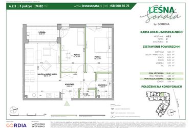 Rzut - Mieszkanie na sprzedaż 3 pokoje o powierzchni 74,82 m² - numer A.2.3 w Leśna Sonata