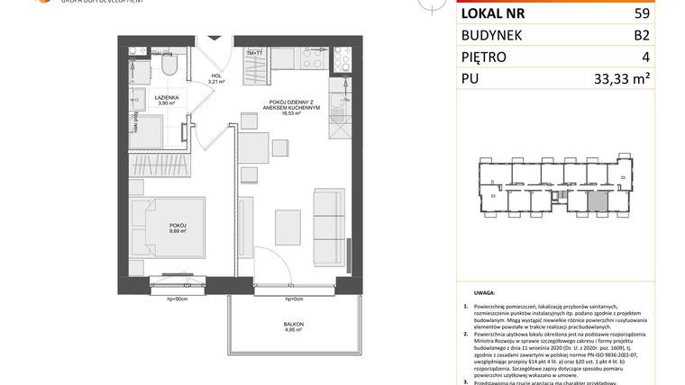 Rzut - Mieszkanie na sprzedaż 2 pokoje o powierzchni 33,33 m² - numer B2.59 w Osiedle Przy Błoniach 3 etap III