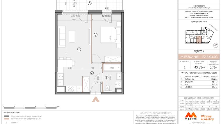 Rzut - Mieszkanie na sprzedaż 2 pokoje o powierzchni 43,3 m² - numer F2.B.04.03 w Bukowińska Mokotów etap 2