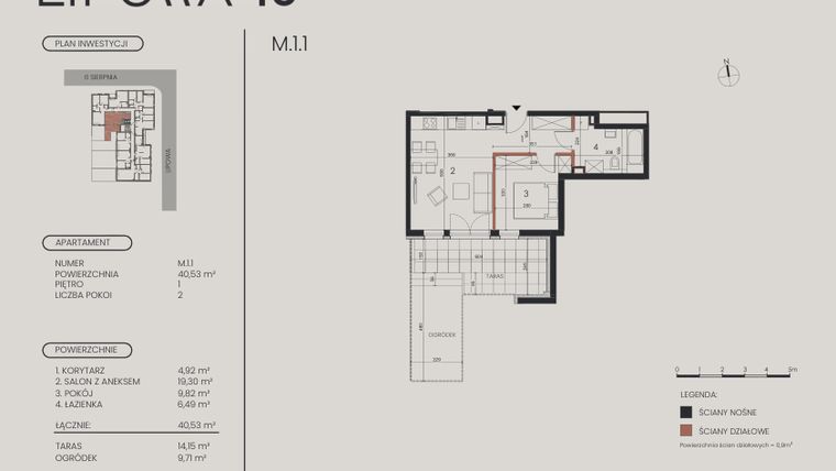 Rzut - Mieszkanie na sprzedaż 2 pokoje o powierzchni 40,53 m² - numer M.1.1 w Lipowa 43