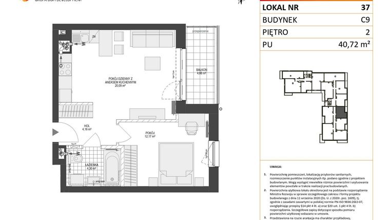 Rzut - Mieszkanie na sprzedaż 2 pokoje o powierzchni 40,72 m² - numer C9.37 w Konstelacja etap V