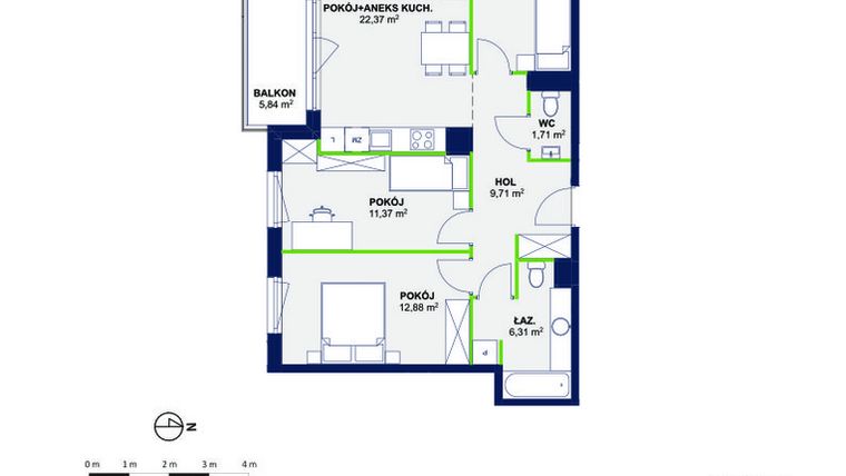 Rzut - Mieszkanie na sprzedaż 4 pokoje o powierzchni 74,05 m² - numer 43 w Wolne Miasto etap VII