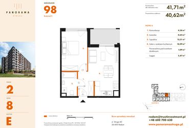 Rzut - Mieszkanie na sprzedaż 2 pokoje o powierzchni 41,71 m² - numer E98 w Panorama Struga