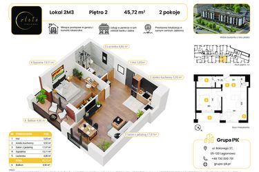 Rzut - Mieszkanie na sprzedaż 2 pokoje o powierzchni 45,72 m² - numer 2M03 w Złota Jabłonna