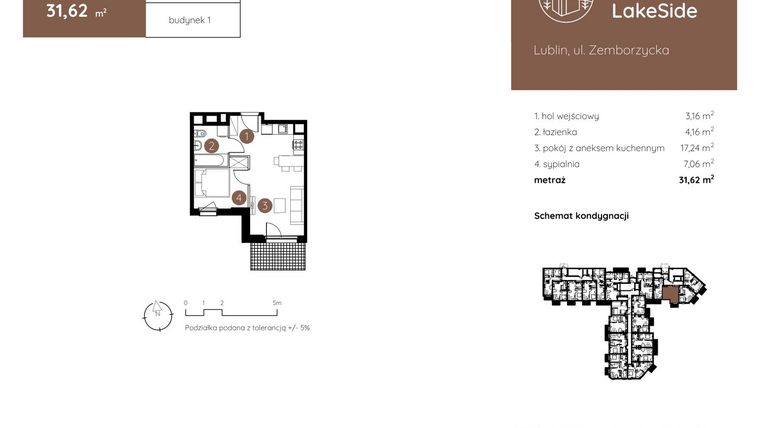 Rzut - Mieszkanie na sprzedaż 2 pokoje o powierzchni 31,62 m² - numer 1.A.0.03 w Murapol LakeSide