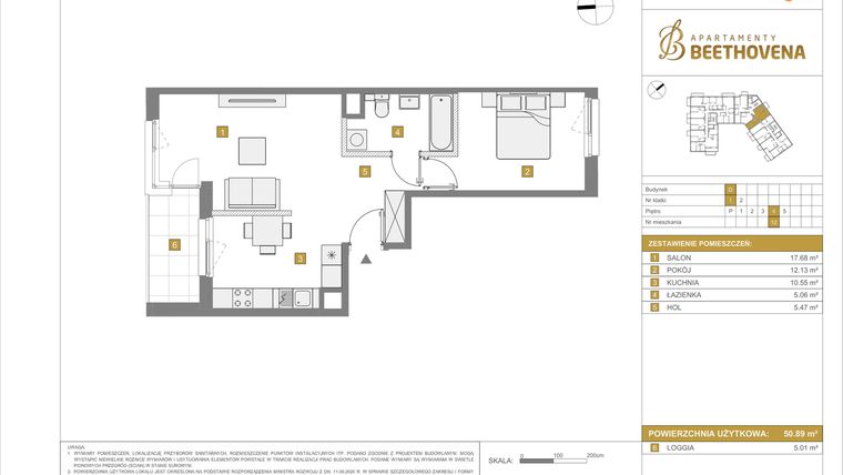 Rzut - Mieszkanie na sprzedaż 2 pokoje o powierzchni 50,89 m² - numer D12 w Apartamenty Beethovena etap 2