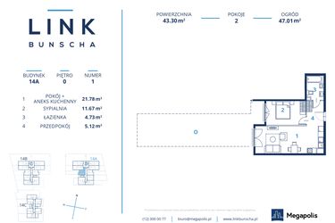 Rzut - Mieszkanie na sprzedaż 2 pokoje o powierzchni 43,3 m² - numer 14A.1 w LINK BUNSCHA
