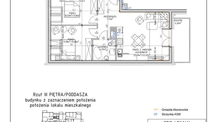 Rzut - Mieszkanie na sprzedaż 3 pokoje o powierzchni 56,47 m² - numer 62 w Osiedle Sady bud. E4