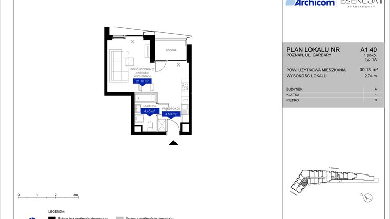 Rzut - Mieszkanie na sprzedaż 1 pokój o powierzchni 30,1 m² - numer A1.40 w Apartamenty Esencja II