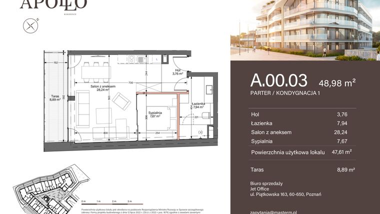 Rzut - Mieszkanie na sprzedaż 2 pokoje o powierzchni 47,61 m² - numer A.0.03 w Apollo Residence
