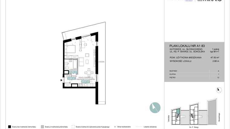 Rzut - Mieszkanie na sprzedaż 1 pokój o powierzchni 47,54 m² - numer A1 83 w Mikato