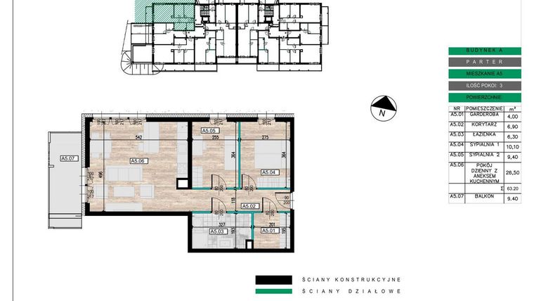 Rzut - Mieszkanie na sprzedaż 3 pokoje o powierzchni 63,11 m² - numer A05 w Lwowska 14