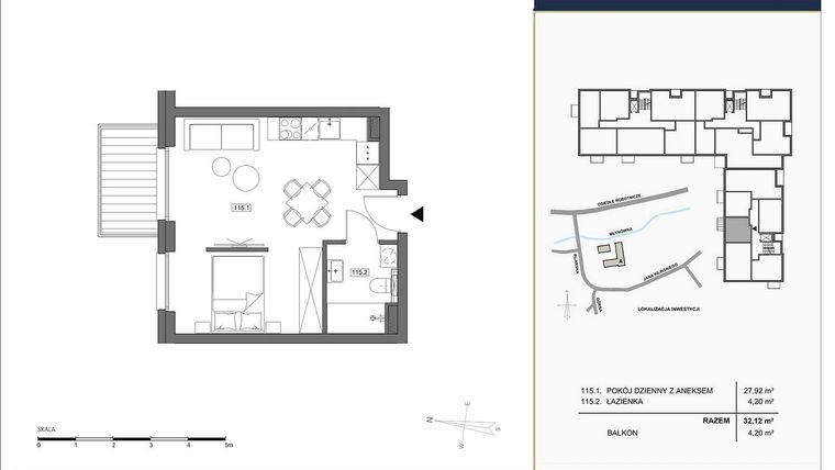 Rzut - Mieszkanie na sprzedaż 1 pokój o powierzchni 32,12 m² - numer A.115 w Nowa Młynówka