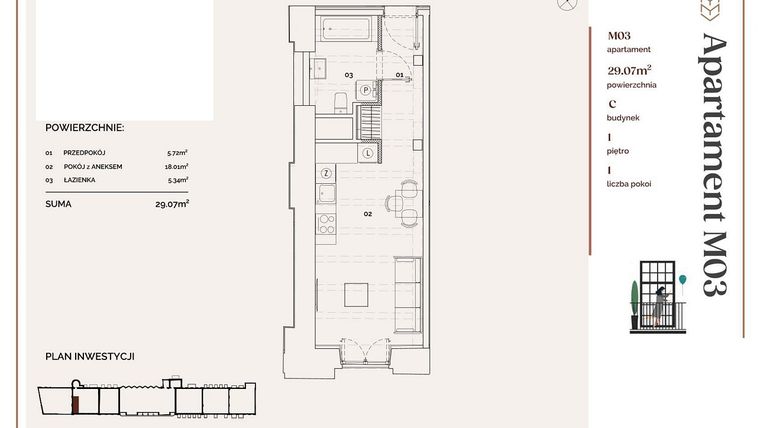 Rzut - Mieszkanie na sprzedaż 1 pokój o powierzchni 29,07 m² - numer C.3 w Młyny Mogilska
