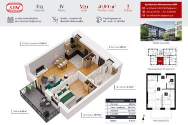 Rzut - Mieszkanie na sprzedaż 2 pokoje o powierzchni 40,9 m² - numer 21 w Tęczowy Zakątek F-15