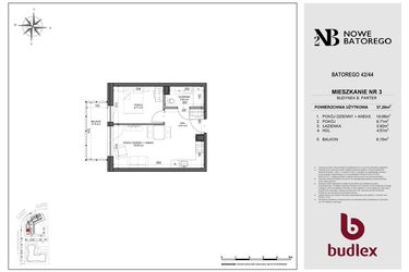 Rzut - Mieszkanie na sprzedaż 2 pokoje o powierzchni 37,2 m² - numer B3 w Nowe Batorego 2