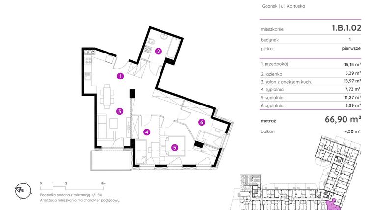Rzut - Mieszkanie na sprzedaż 4 pokoje o powierzchni 66,9 m² - numer 1.B.1.02 w Murapol Scarpa
