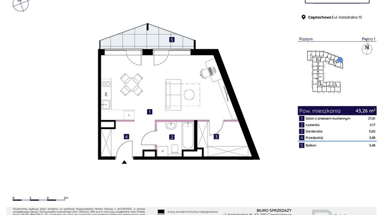 Rzut - Mieszkanie na sprzedaż 1 pokój o powierzchni 43,26 m² - numer 15/5 w Osiedle Neonowe