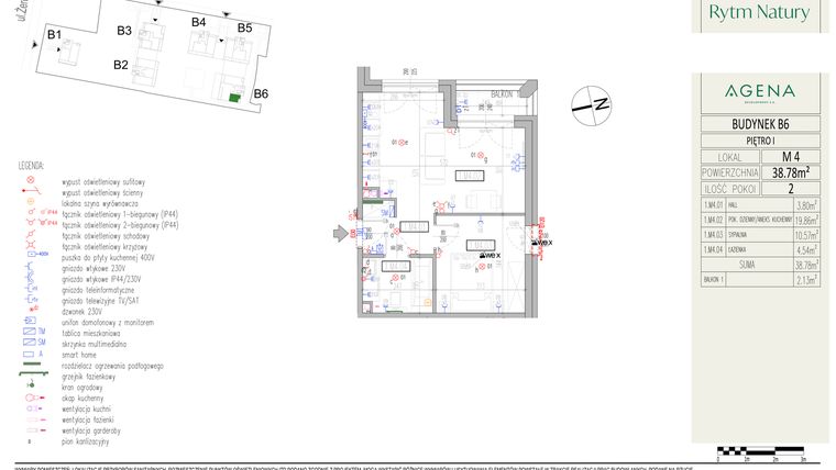 Rzut - Mieszkanie na sprzedaż 2 pokoje o powierzchni 38,78 m² - numer B6M4 w Rytm Natury