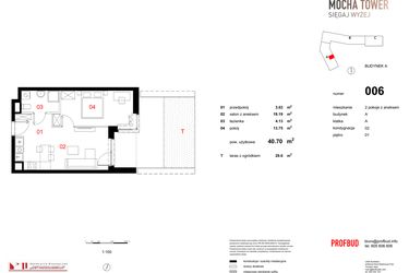 Rzut - Mieszkanie na sprzedaż 2 pokoje o powierzchni 40,7 m² - numer 006 w Osiedle Mocha Tower