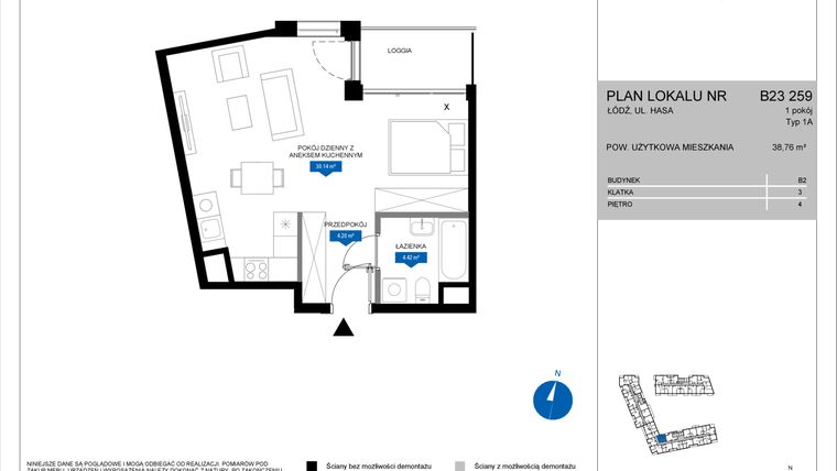 Rzut - Mieszkanie na sprzedaż 1 pokój o powierzchni 38,76 m² - numer B23 259 w Flow - bud. B2 A i bud. B2 B