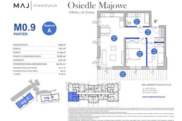 Rzut - Mieszkanie na sprzedaż 3 pokoje o powierzchni 61,17 m² - numer M0.9 w Osiedle Majowe 2.0 etap II