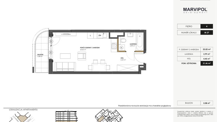 Rzut - Mieszkanie na sprzedaż 1 pokój o powierzchni 31,46 m² - numer M27 w SENGERA 1