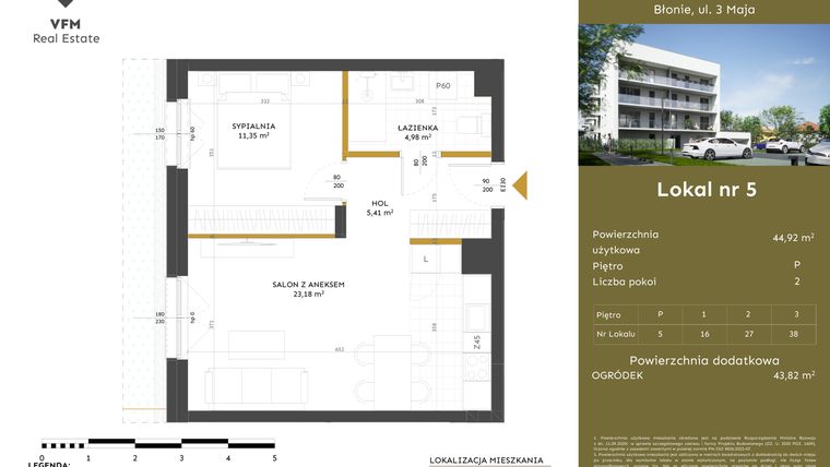 Rzut - Mieszkanie na sprzedaż 2 pokoje o powierzchni 44,92 m² - numer 5 w Apartamenty 3 Maja