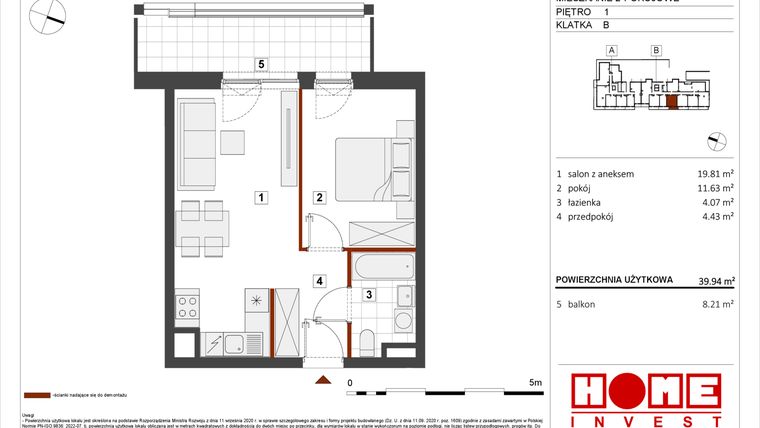 Rzut - Mieszkanie na sprzedaż 2 pokoje o powierzchni 39,94 m² - numer B1-B065 w Warszawski Świt etap VIII