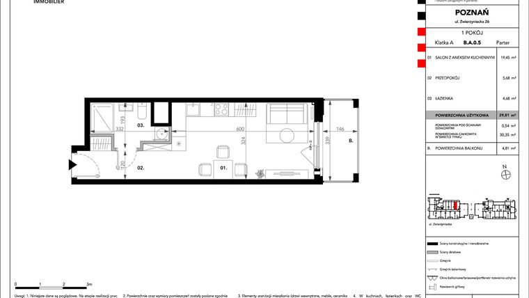 Rzut - Mieszkanie na sprzedaż 1 pokój o powierzchni 29,81 m² - numer B.A.0.5 w Zajezdnia