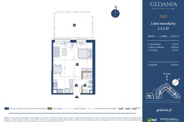 Rzut - Mieszkanie na sprzedaż 1 pokój o powierzchni 39,27 m² - numer I.A.1.12 w GEDANIA Riverside Living