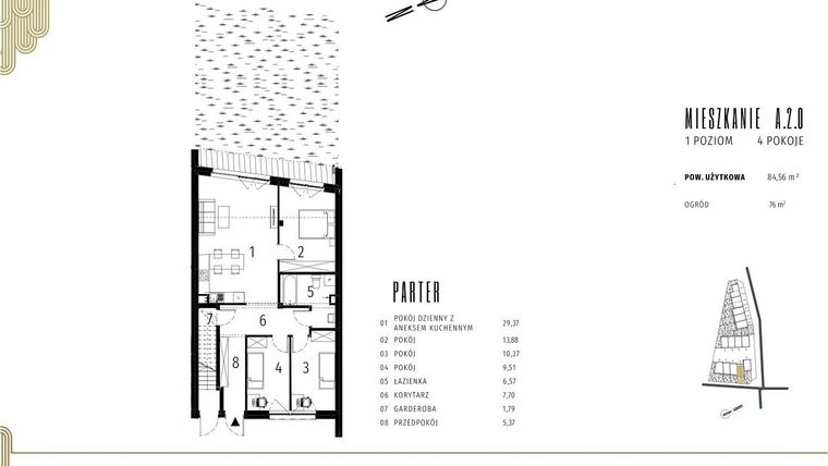 Rzut - Mieszkanie na sprzedaż 4 pokoje o powierzchni 84,56 m² - numer A.2.0 w Positivo Ołtaszyn