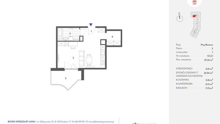 Rzut - Mieszkanie na sprzedaż 1 pokój o powierzchni 37,33 m² - numer C1.2.1 w Mieszkaj w mieście - przy Bonarce
