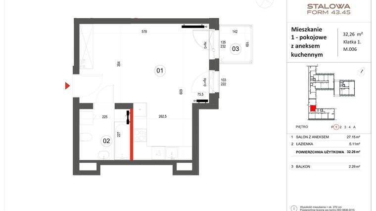 Rzut - Mieszkanie na sprzedaż 1 pokój o powierzchni 32,26 m² - numer 6 w Stalowa Form 43.45