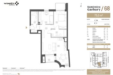 Rzut - Mieszkanie na sprzedaż 3 pokoje o powierzchni 75 m² - numer 58 w Garbary 68