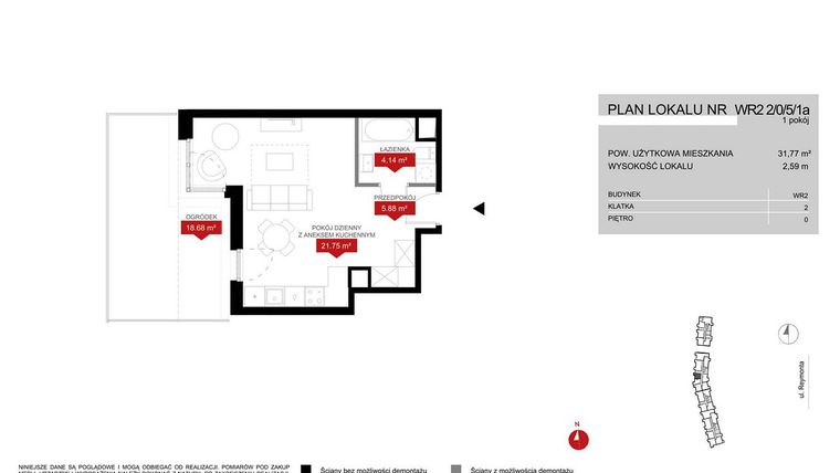 Rzut - Mieszkanie na sprzedaż 1 pokój o powierzchni 31,77 m² - numer WR2 2/0/5/1a w Przystań Reymonta