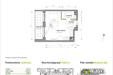 Rzut - Mieszkanie na sprzedaż 1 pokój o powierzchni 29,34 m² - numer M3/3/2/26 w Przy Parku Vita