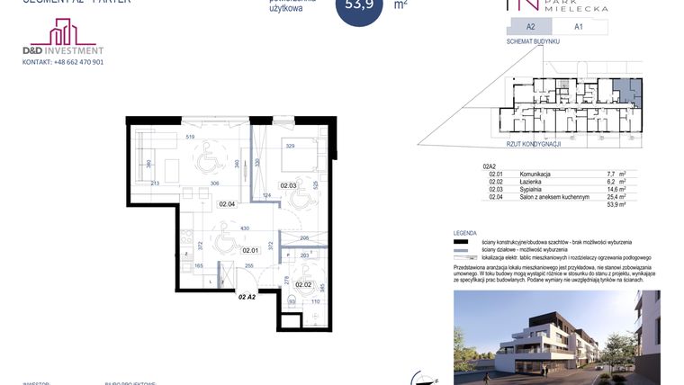 Rzut - Mieszkanie na sprzedaż 2 pokoje o powierzchni 53,9 m² - numer A2-2 w Park Mielecka