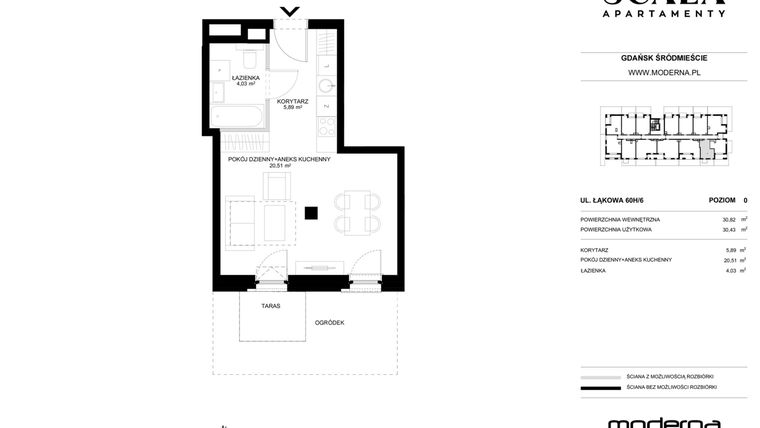Rzut - Mieszkanie na sprzedaż 1 pokój o powierzchni 30,82 m² - numer H-6 (E) w Scala