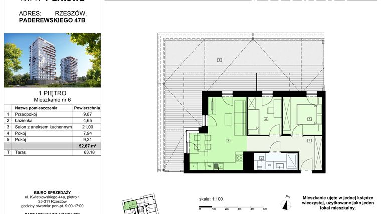 Rzut - Mieszkanie na sprzedaż 3 pokoje o powierzchni 52,43 m² - numer 6/B7 w Dzielnica Parkowa VII